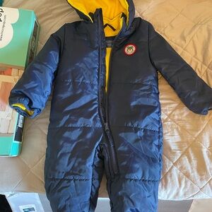 9-12 month winter/snow suit in Navy with Yellow inner fleece lining